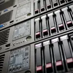 A server rack in a data center representing secure database backup