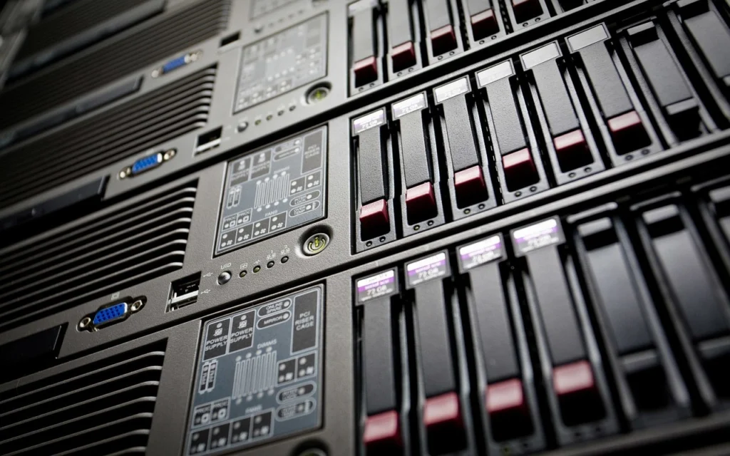 A server rack in a data center representing secure database backup